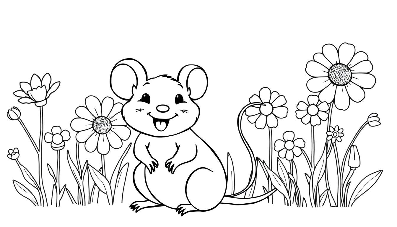 Een schattige, vrolijke muis in een bloemenveld, klaar om ingekleurd te worden als kleurplaat.