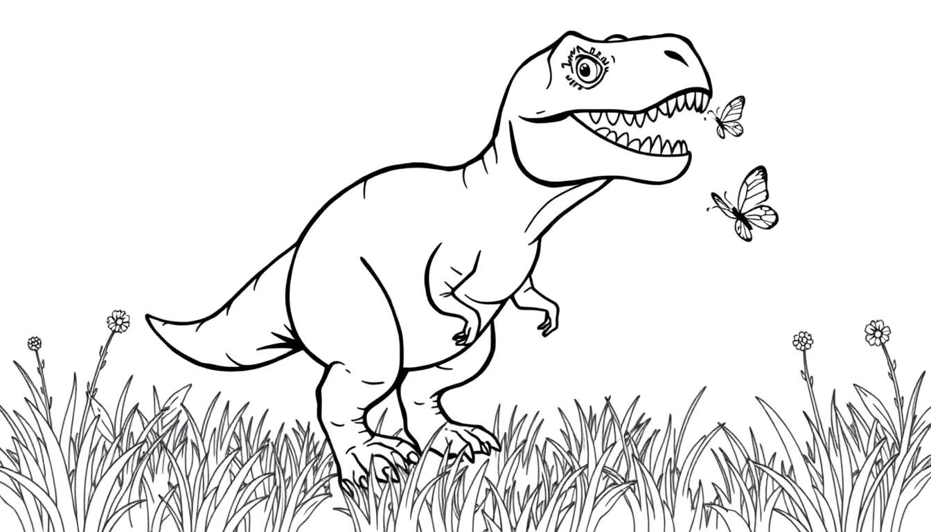 Kleurplaat van een vriendelijke T-Rex in een veld met vlinders.