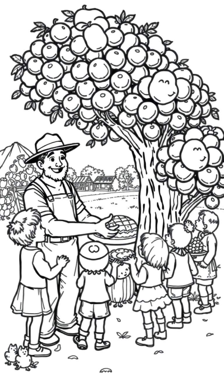 Kleurplaat van een boer die pie uitdeelt aan kinderen.