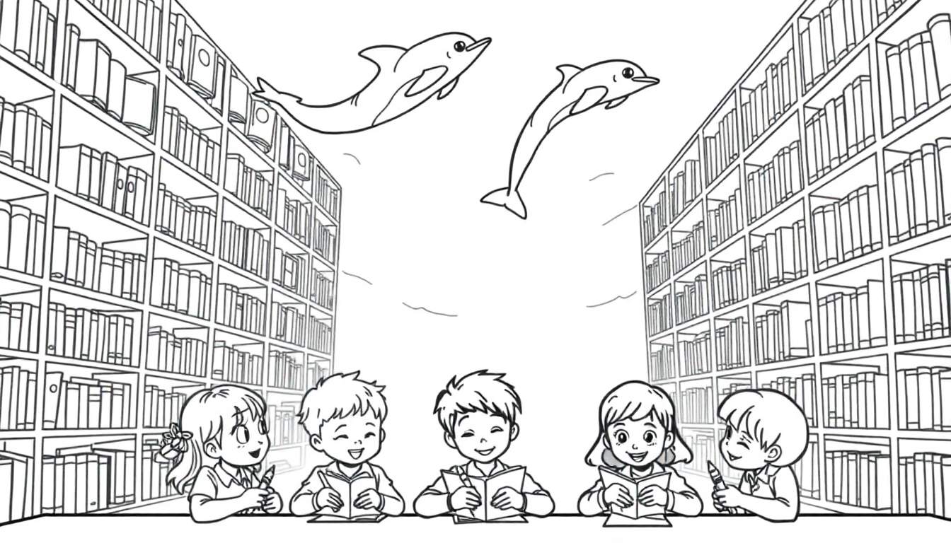 Kleurplaat van kinderen die in een fantasiebibliotheek lezen met zwemmende dolfijnen