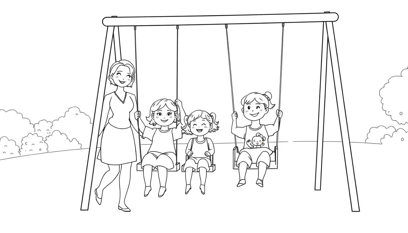 Kleurplaat van een tante die haar drie nichtjes schommelt in een park.