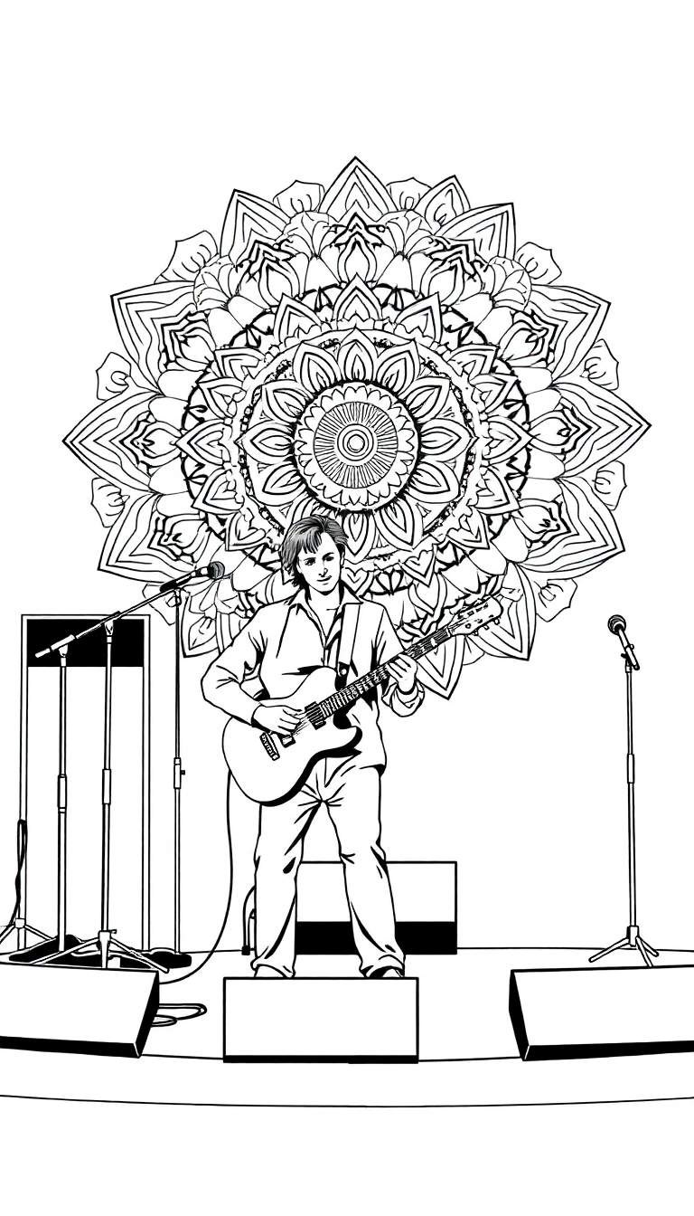 Kleurplaat van een gitarist op een podium met een mandala als achtergrond.