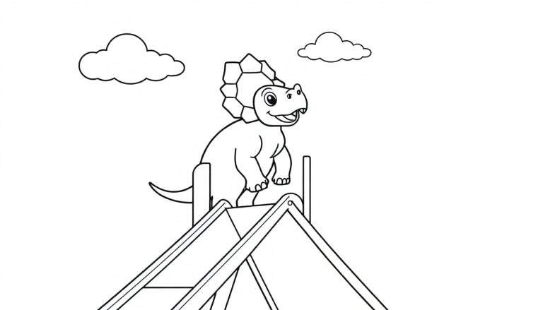 Kleurplaat van een lachende triceratops op een glijbaan met wolkjes.