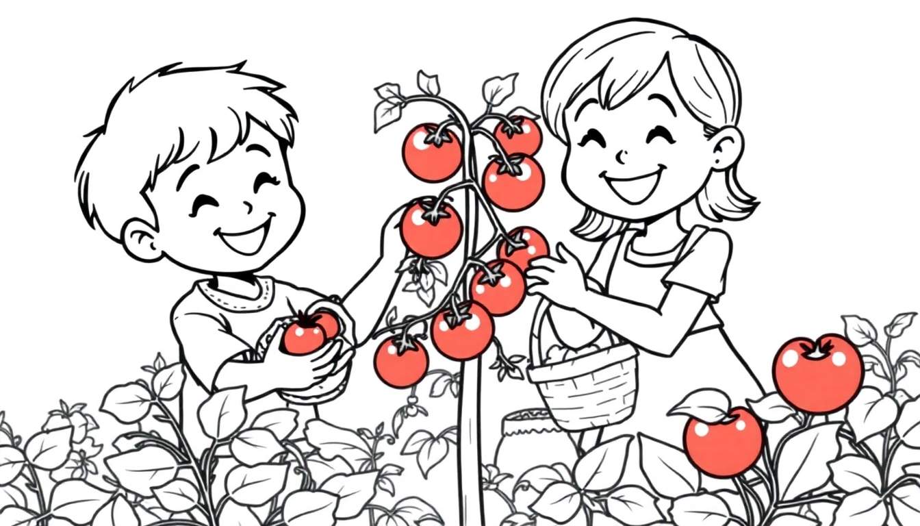 Kleurplaat: twee blije kinderen, een jongen en een meisje, plukken rode tomaten in een moestuin.