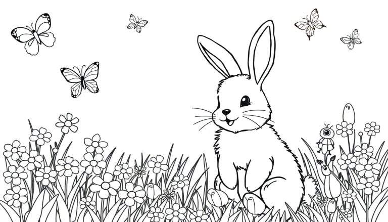 Kleurplaat van een schattig konijntje omringd door vlinders en bloemen.