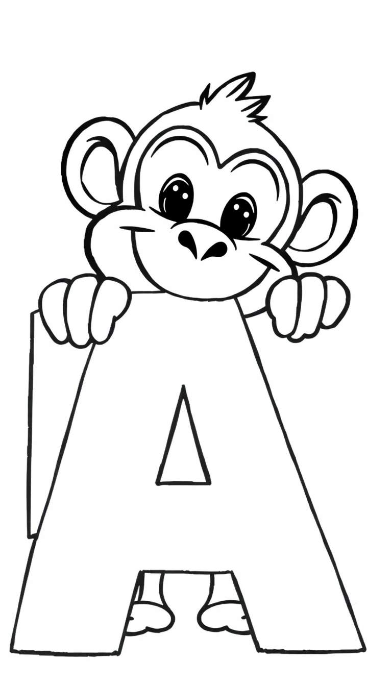 Zwart-wit kleurplaat van een lachende cartoon aap die speels achter de letter A staat en deze vasthoudt.