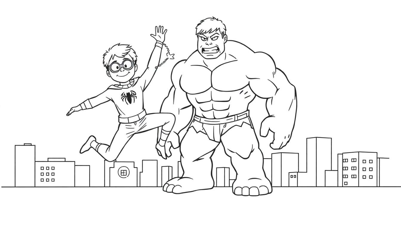 Kleurplaat van Spider-Man en Hulk boven de stad.