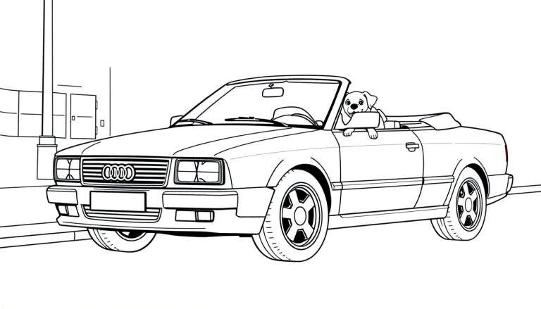 Een kleurplaat van een klassieke Audi cabriolet met een hondje.