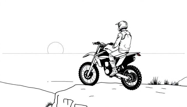 Kleurplaat van een motorrijder op een crossmotor die uitkijkt over de zee.