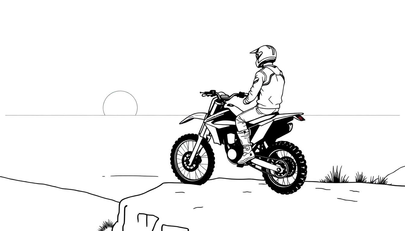 Kleurplaat van een motorrijder op een crossmotor die uitkijkt over de zee.