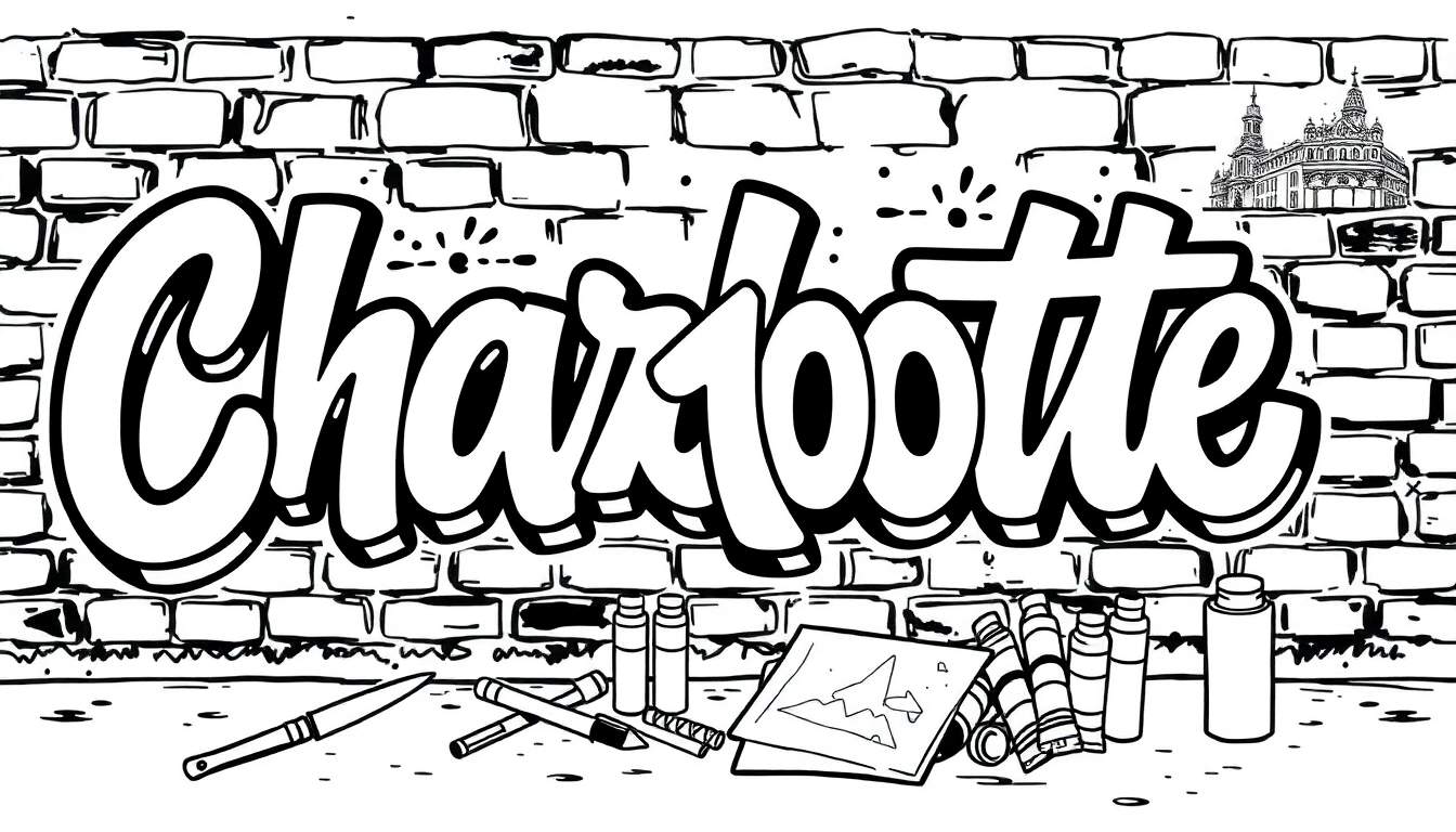 Kleurplaat van het woord Charlotte in graffiti stijl op een bakstenen muur met knutselspullen en Parijse architectuur.
