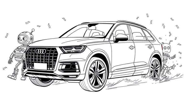 Kleurplaat van een Audi SUV met feestelijke confetti en robots.