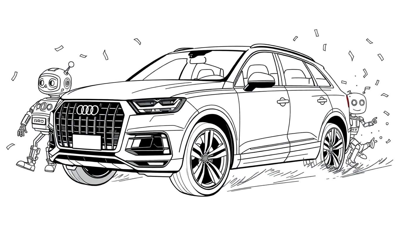 Kleurplaat van een Audi SUV met feestelijke confetti en robots.