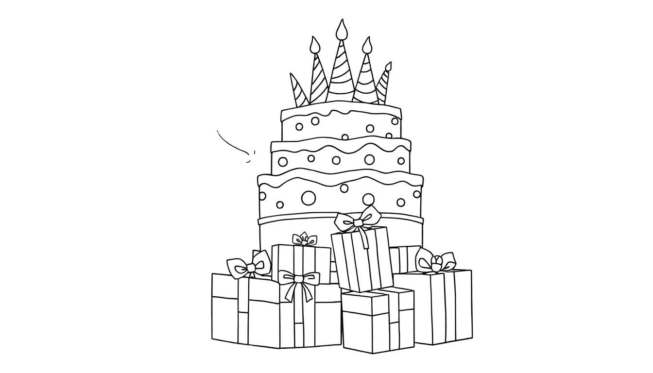 Zwart-wit kleurplaat van een verjaardagstaart met kaarsen en cadeautjes.