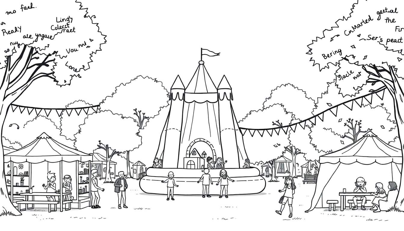 Levendig wijkfeest in het park met vlaggetjes, tentjes, gezelligheid en een springkussen in de vorm van een kasteel, perfect voor een kleurplaat.
