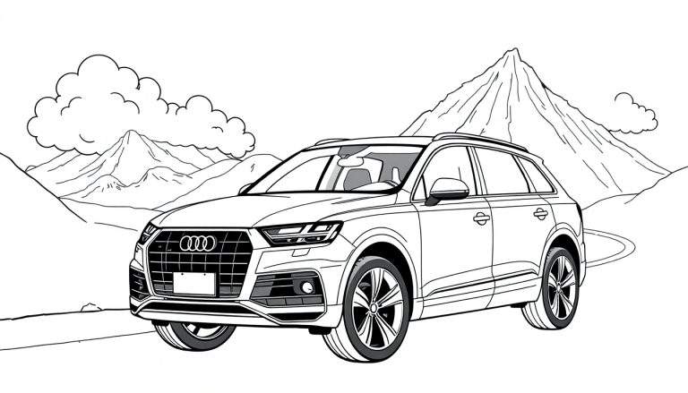 Kleurplaat van een Audi Q7 in de bergen.