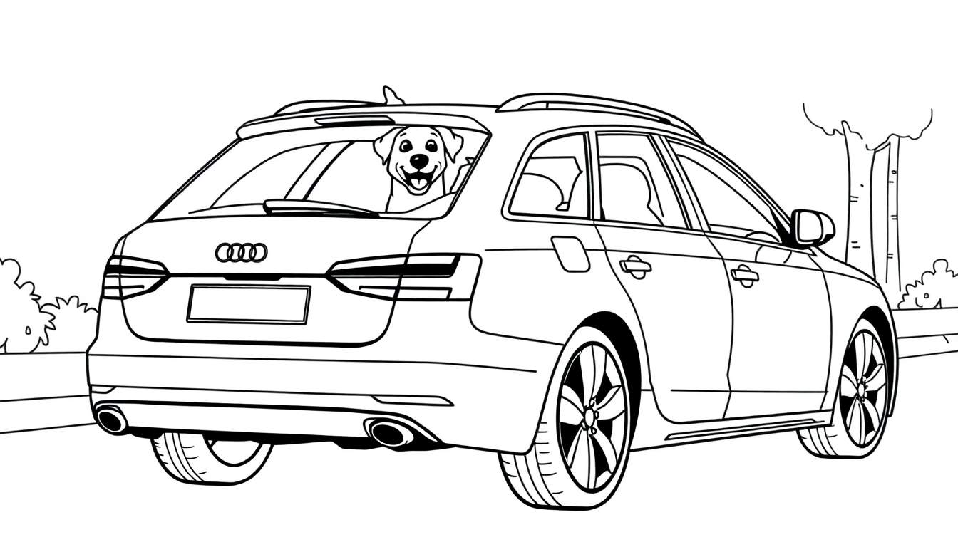 Kleurplaat van een Audi stationwagen met een vrolijke hond.