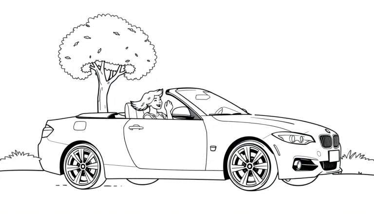 Zwart-wit kleurplaat van een vrouw in een BMW cabriolet in de natuur.