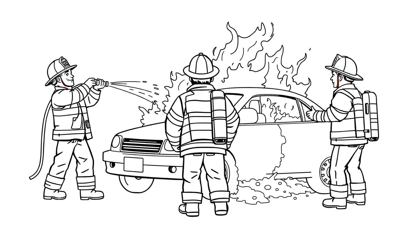 Kleurplaat van drie brandweermannen die een autobrand blussen.