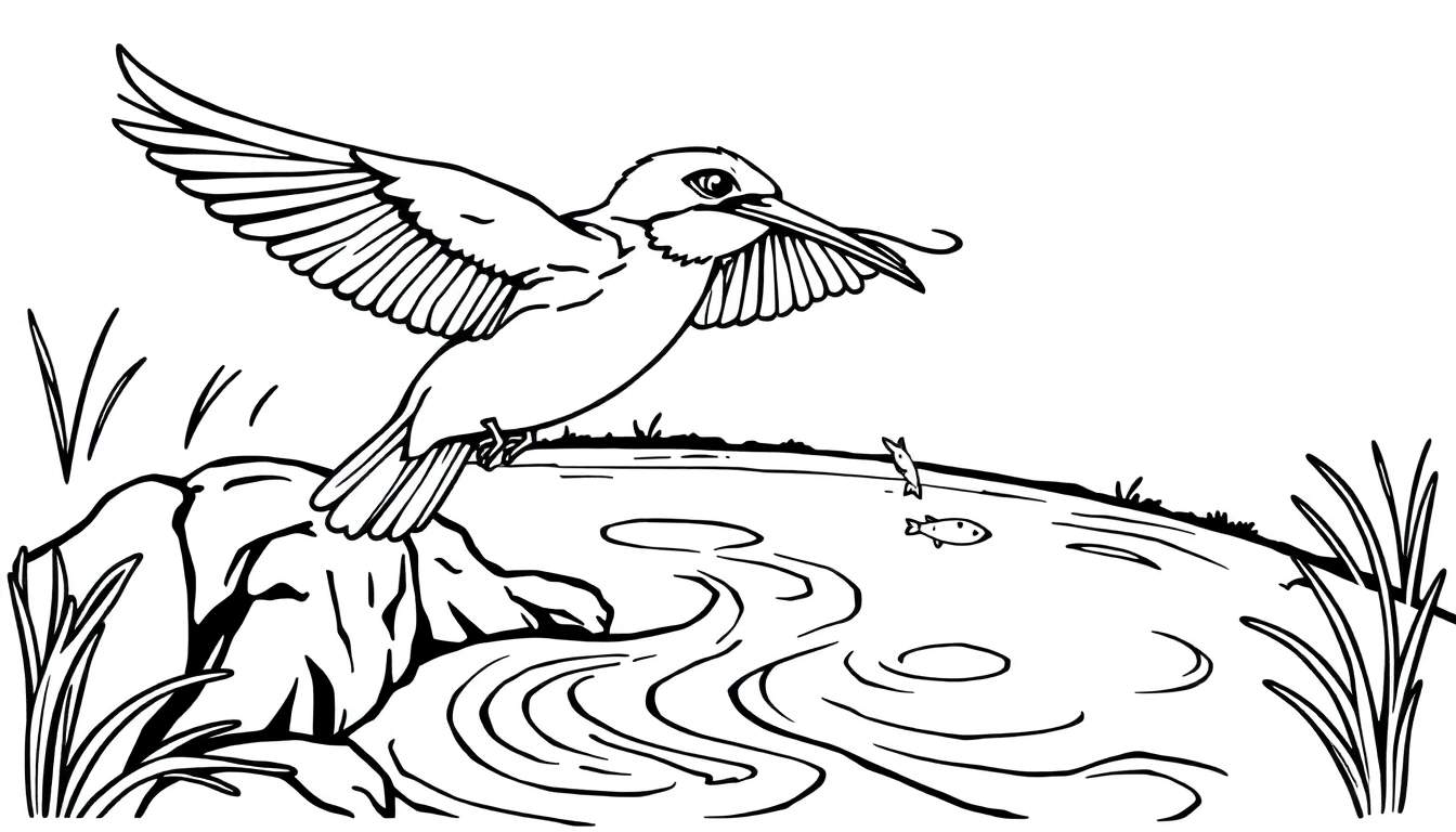 Kleurplaat van een ijsvogel die op een rots zit, met een vis die uit het water springt.