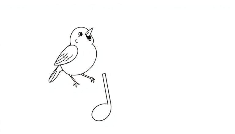 Kleurplaat van een zingende vogel met een muzieknoot.