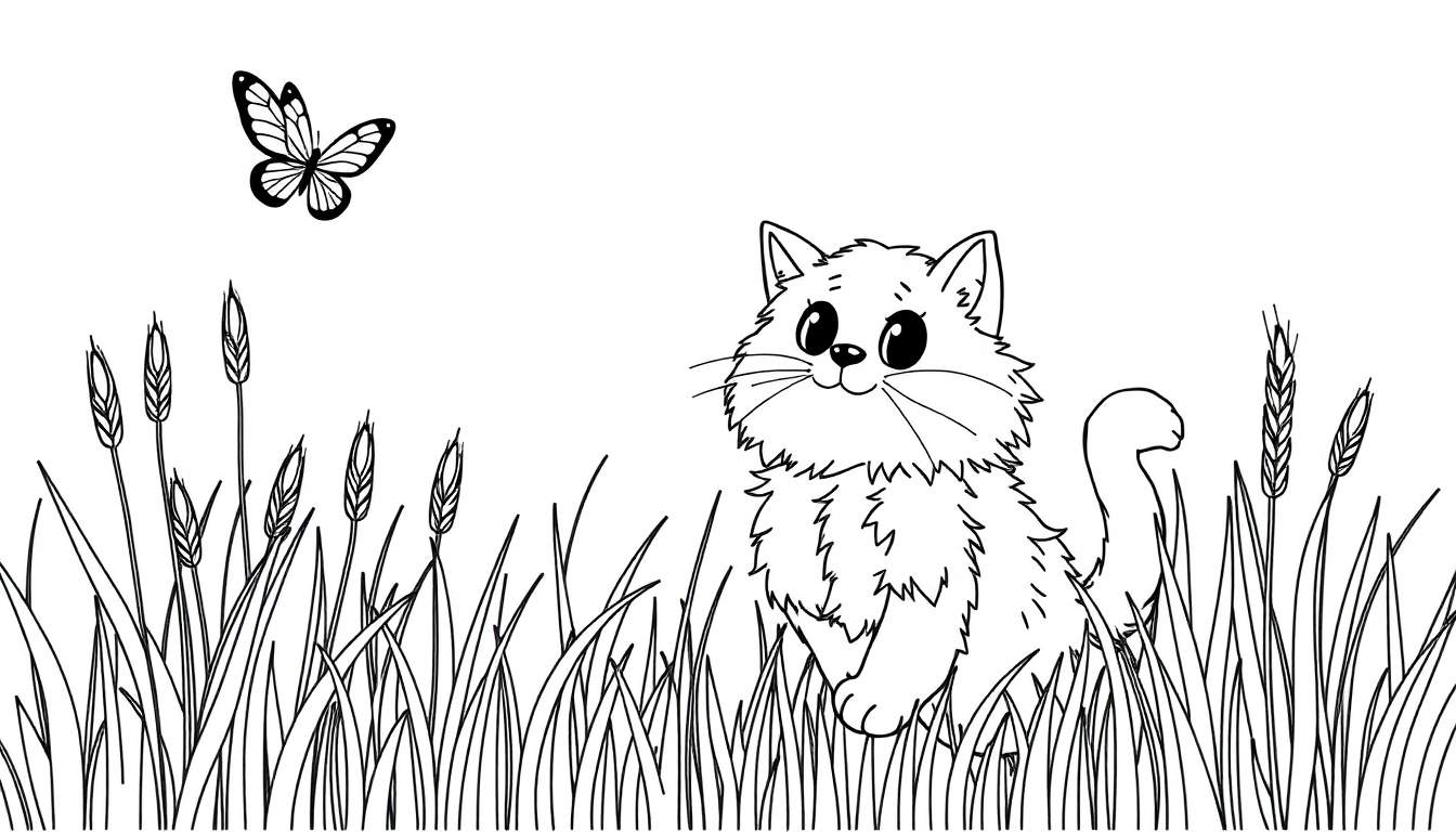 Zwart-wit kleurplaat van een schattige kat in een graanveld met een vlinder.