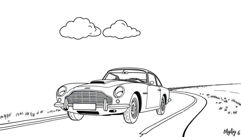 Een zwart-wit kleurplaat van een Aston Martin die over een bochtige weg rijdt, met twee wolkjes erboven.