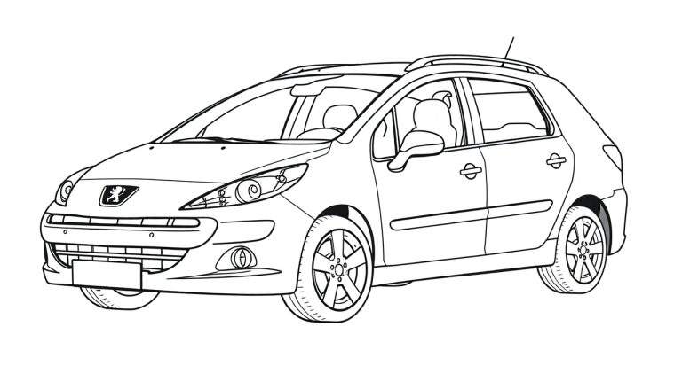 Kleurplaat van een Peugeot 207 stationwagon in profiel.