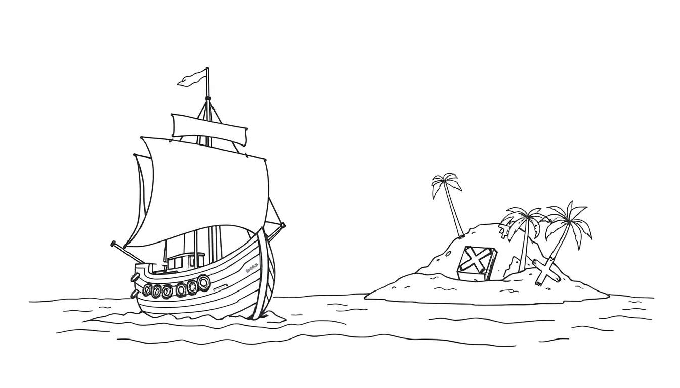 Een zwart-wit kleurplaat van een piratenschip met zeilen en een vlag, op weg naar een klein eiland met palmbomen en een grote 'X'.