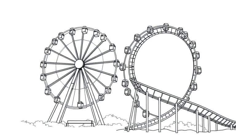 Een zwart-wit kleurplaat van een pretpark met twee reuzenraden en een achtbaan, met struiken bij de basis van de attracties.