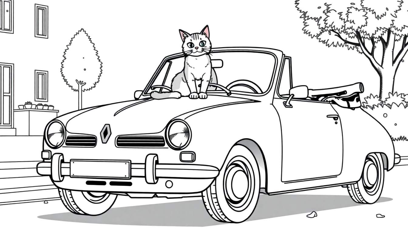 Kleurplaat van een klassieke Renault cabriolet met een kat op de motorkap, met een huis en boom op de achtergrond.