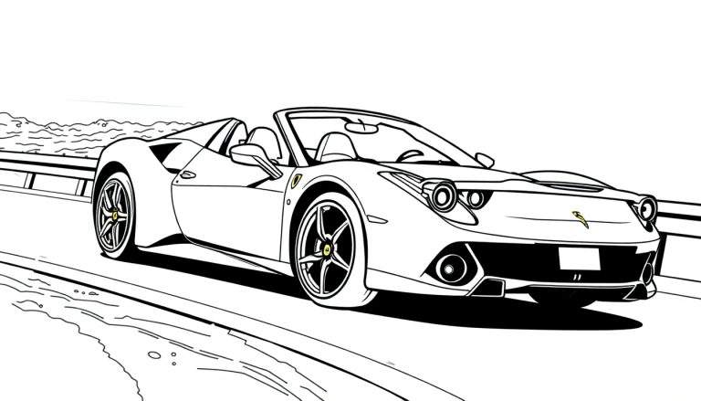 Zwart-witte lijntekening van een sportwagen als kleurplaat.