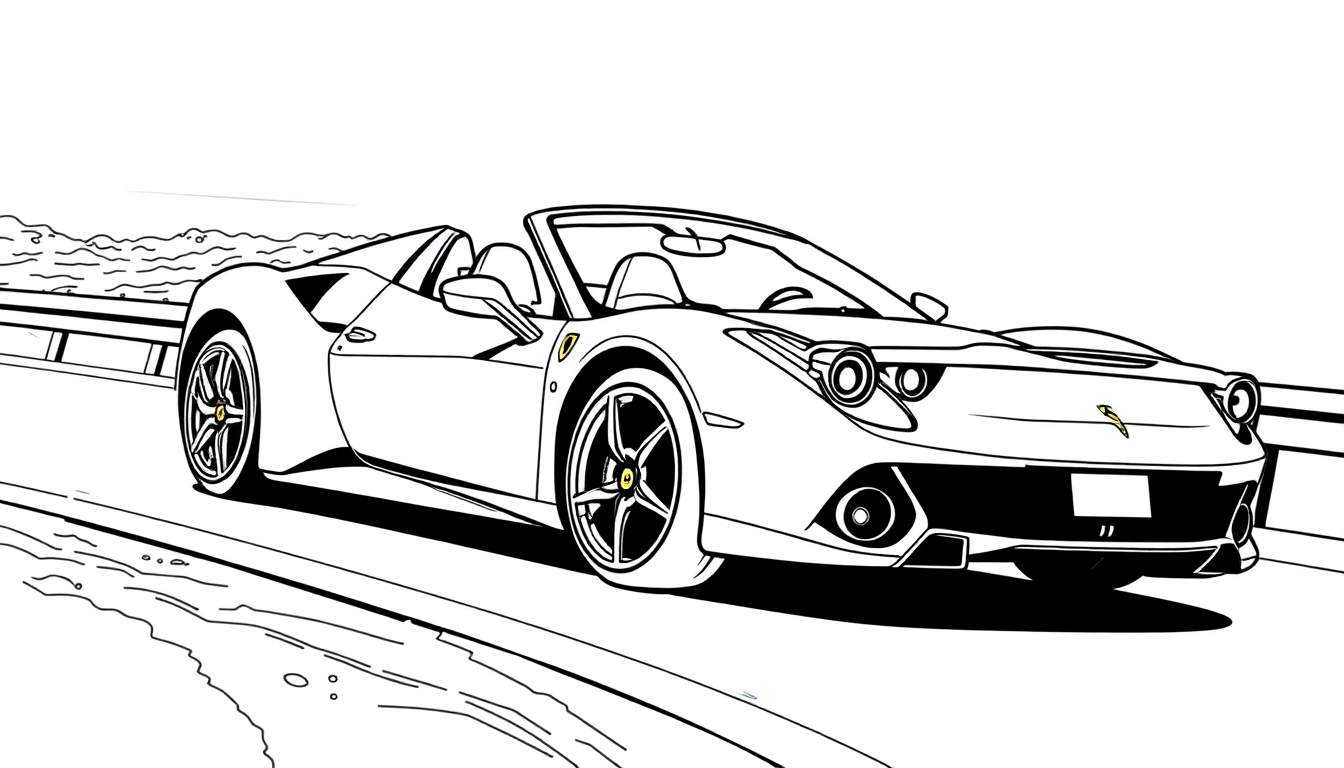 Zwart-witte lijntekening van een sportwagen als kleurplaat.