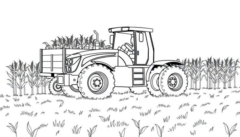Een zwart-wit kleurplaat van een tractor die mais ophaalt.