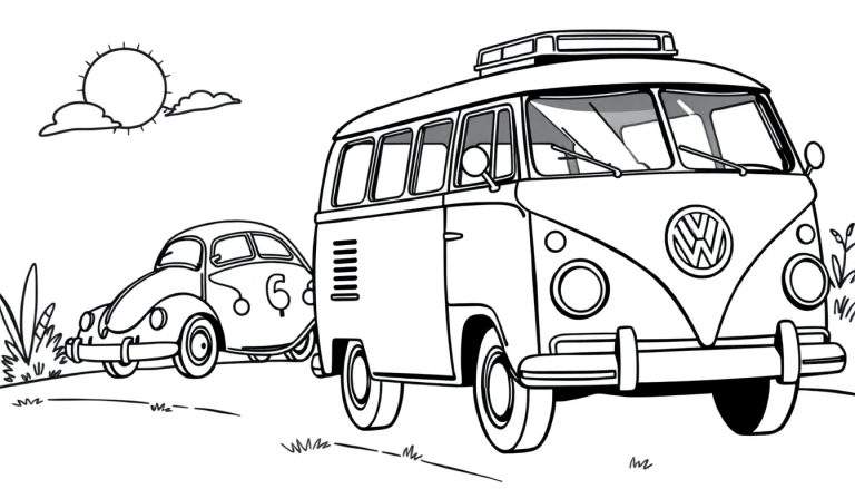 Zwart-wit kleurplaat van een Volkswagen busje en een Volkswagen Kever.