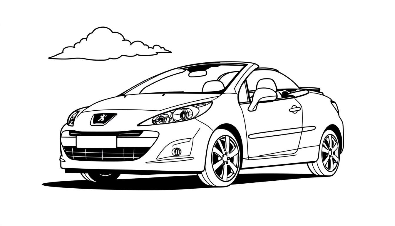 Kleurplaat van een Peugeot 207 CC cabriolet onder een wolk.