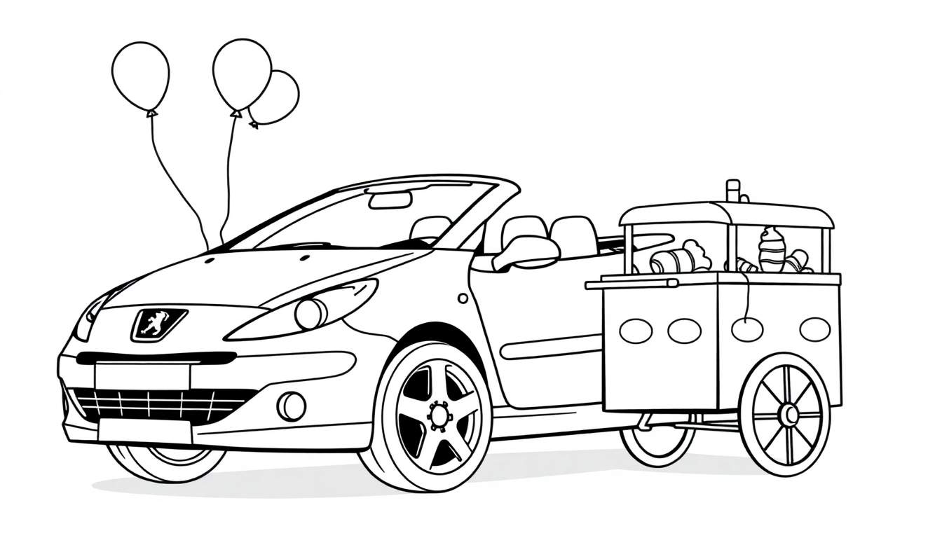Zwart-wit kleurplaat van een Peugeot 307 Cabriolet met aanhanger.