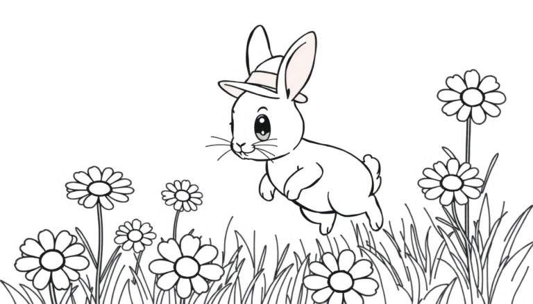 Zwart-witte kleurplaat van een springend konijn met hoed in een bloemenveld.