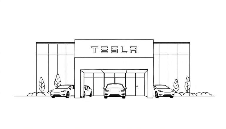 Een kleurplaat van een moderne Tesla-showroom met glazen muren en drie elektrische auto's.