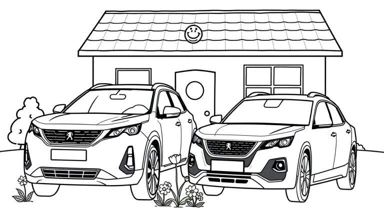 Kleurplaat van een huis met een lachend gezicht op het dak en twee auto's, een Peugeot 5008 en een Peugeot 3008, ervoor.