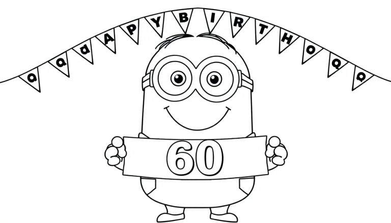 Een vrolijke minion met een bril houdt een bord met het getal 60 vast, met een slinger met 'HAPPY BIRTHAQ' erboven. Kleurplaat.