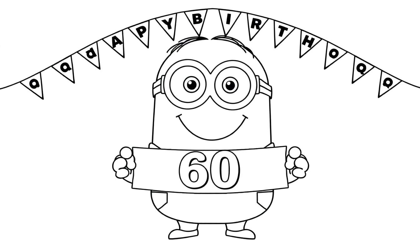 Een vrolijke minion met een bril houdt een bord met het getal 60 vast, met een slinger met 'HAPPY BIRTHAQ' erboven. Kleurplaat.