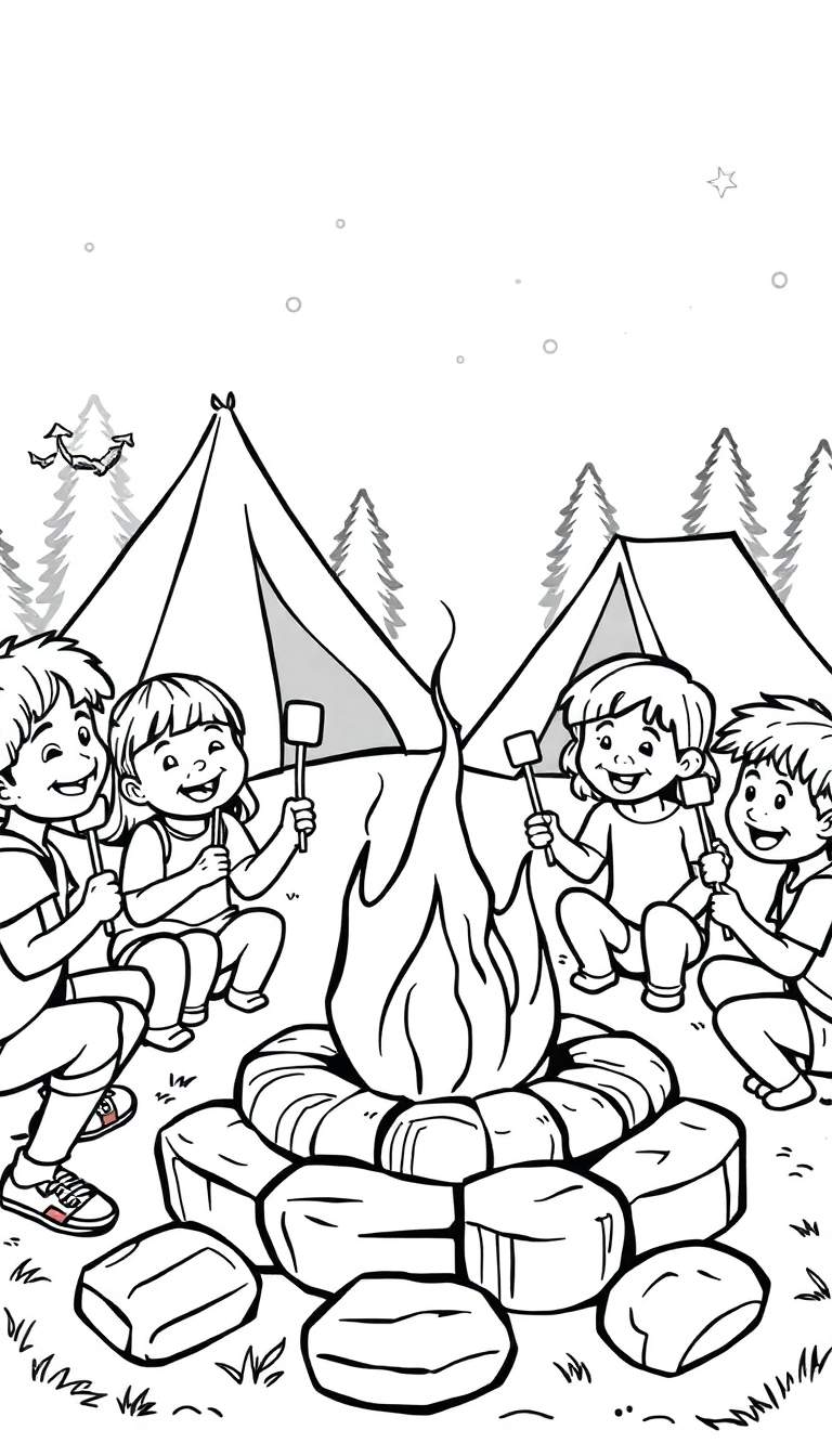 Kleurplaat: Blije kinderen bij kampvuur met marshmallows