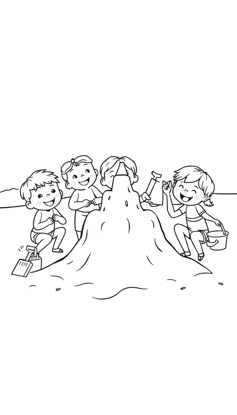 Kleurplaat van vrolijke kinderen die een zandkasteel bouwen op het strand met schep en emmer.