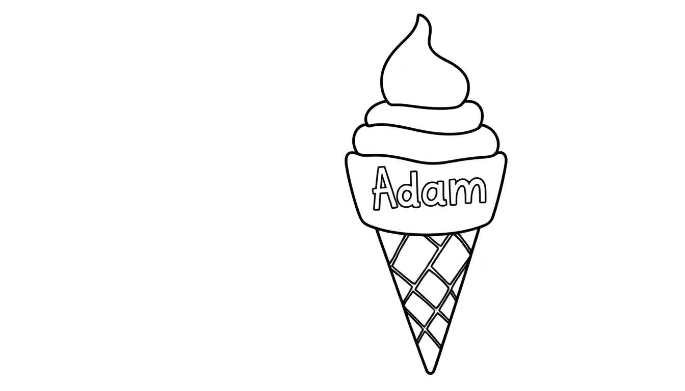 Zwart-wit kleurplaat van een ijshoorntje met softijs, met de naam 'Adam' erop.