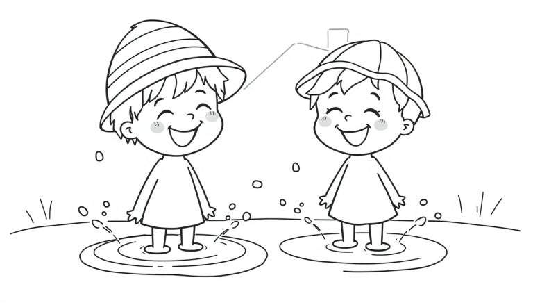 Kleurplaat van twee blije kinderen die met gesloten ogen en rode wangetjes in waterplassen spetteren.