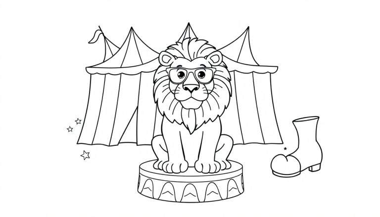 Zwart-wit lijntekening van een leeuw met een bril zittend op een podium voor een circustent. Links zweven sterren, rechts een grote laars.
