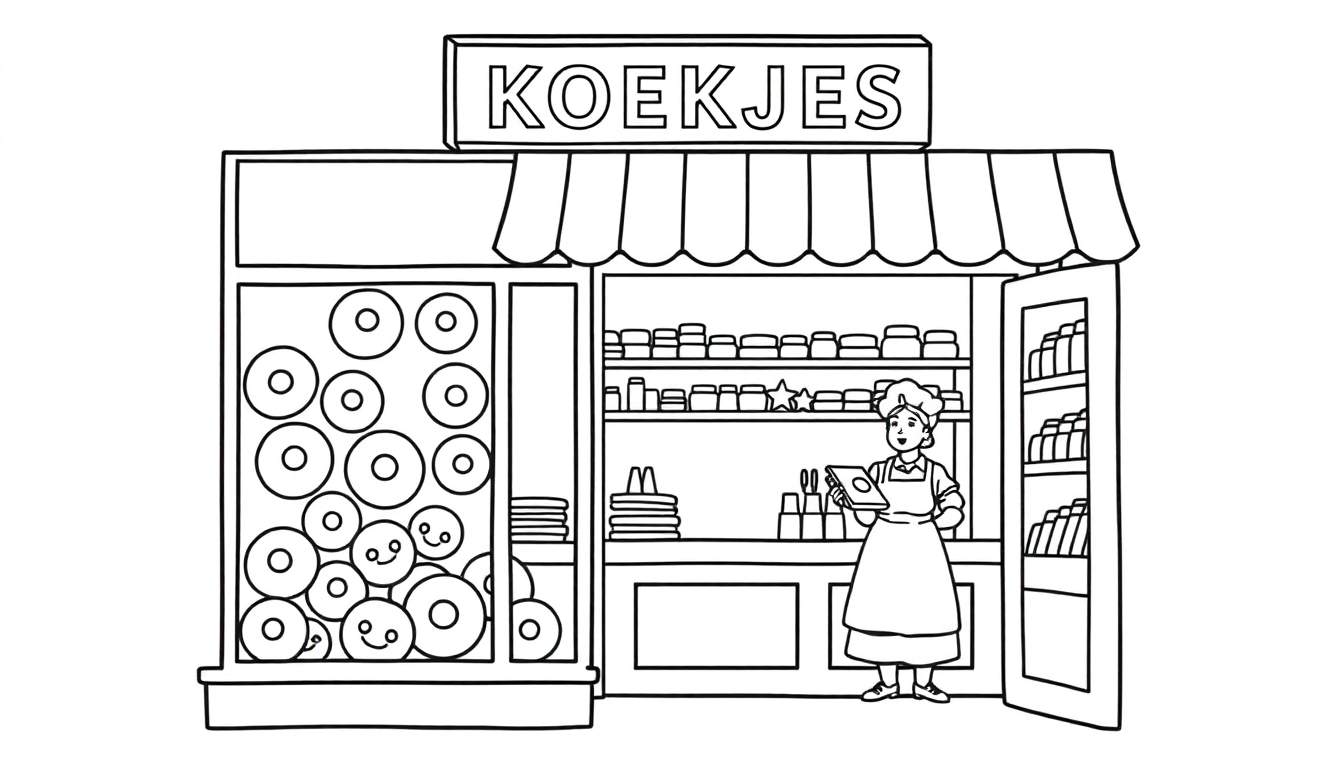 Zwart-wit kleurplaat van een vrolijke koekjeswinkel met een bord 'KOEKJES', een etalage met koekjes met gezichtjes, een winkelierster en volle schappen.