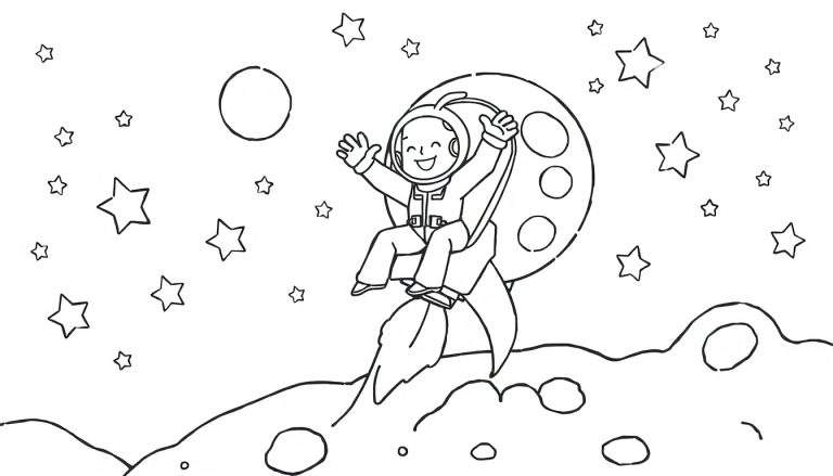 Zwart-wit kleurplaat van een lachend kind in astronautenpak dat zwaait vanuit een opstijgende raket, met een heuvelachtig planetenlandschap en sterren op de achtergrond.