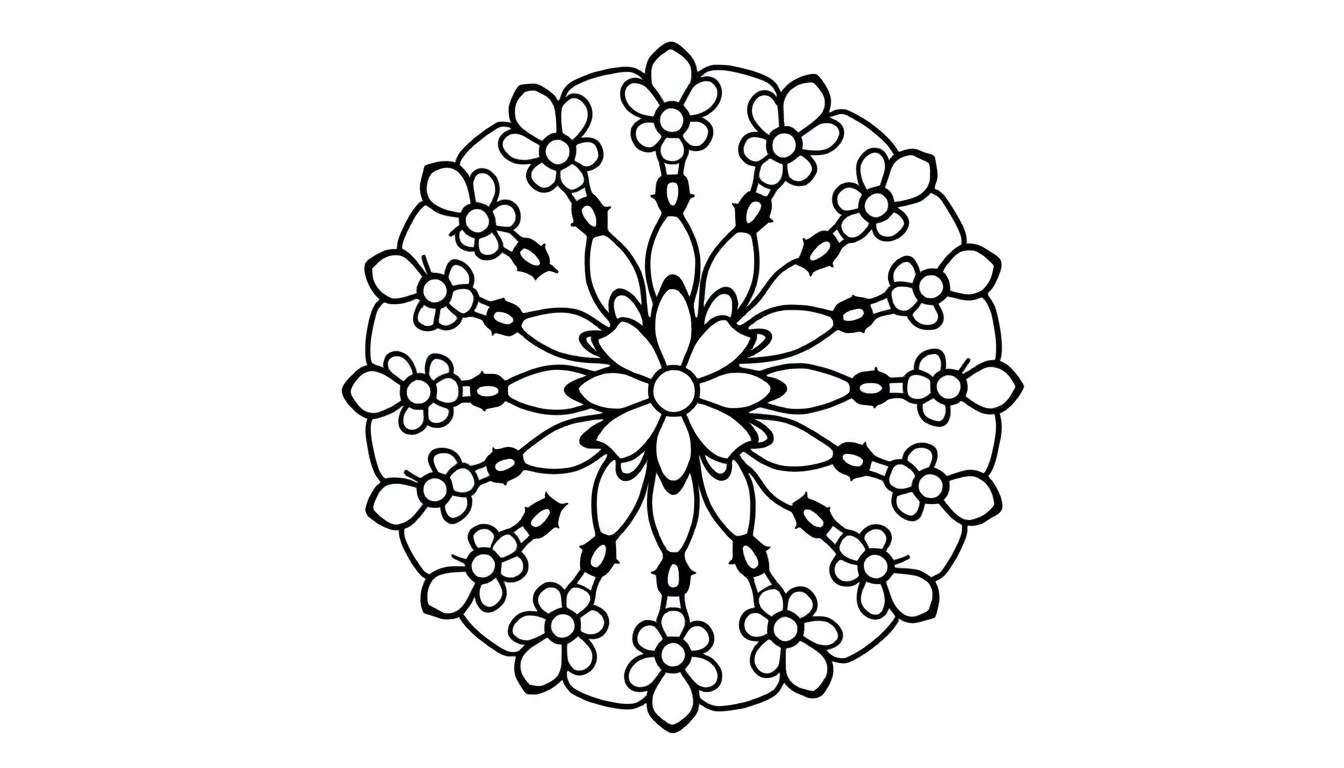 Zwart-witte tekening van een mandala met bloemen